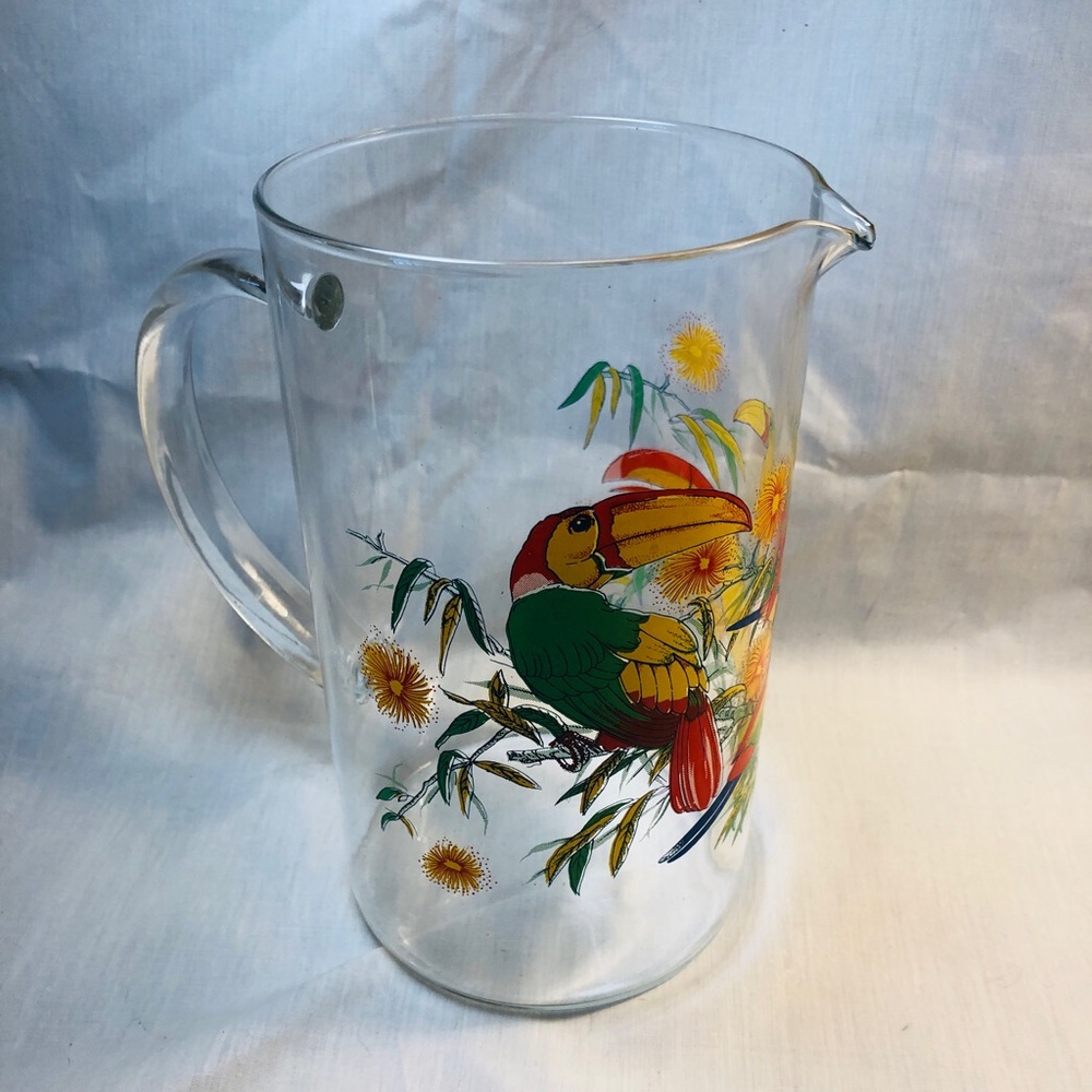 Glass Pitcher by Cerve. Hand Painted Toucans and Flowers. Made in Italy. Rare.